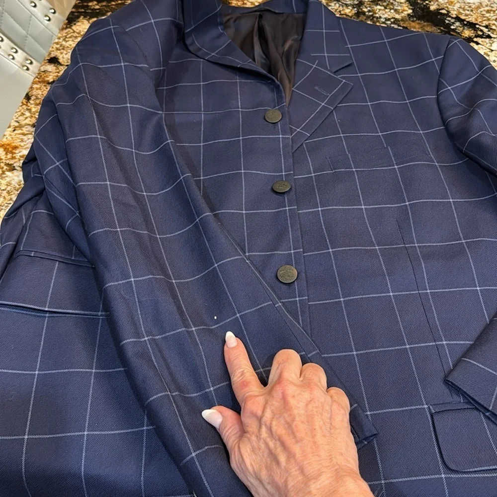 Brooks Brothers Saxon Navy Windowpane Blazer 100% Wool‎ 46R